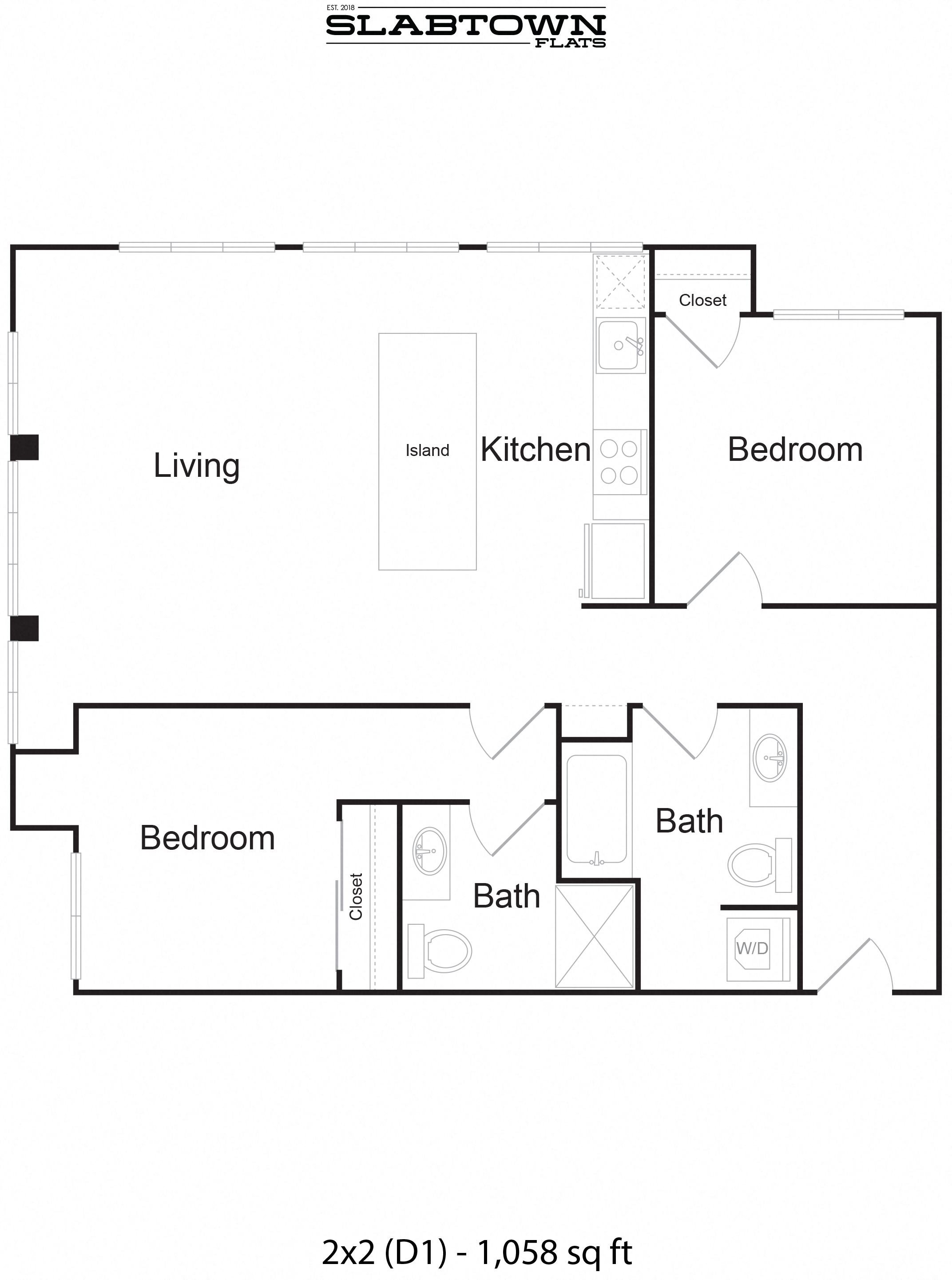 Floor plan for 2 beds, 2 baths, 1058 sqft
